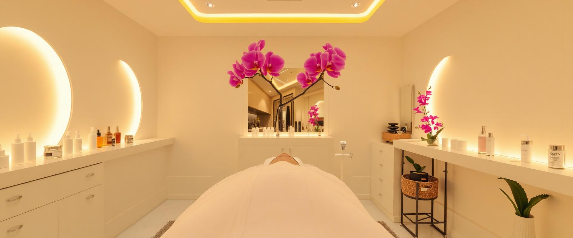 Bright esthetics treatment room with facial bed, skincare products and orchids